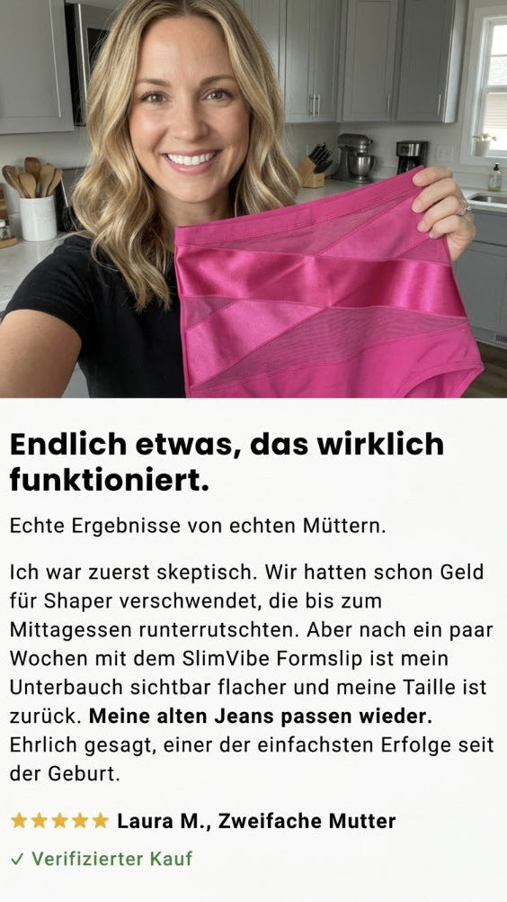 A smiling woman in a kitchen holds up a bright pink maternity support belt. Below, German text displays the product's results with a star rating and a verified purchase badge.